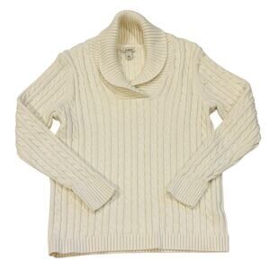 LL Bean Sweater Womens Large White Cable Knit Long Sleeve Casual Outdoor *FLAW*